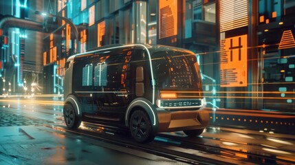 Fototapeta premium An autonomous electric vehicle drives through a futuristic city with neon lights and high-tech infrastructure, depicting smart urban transportation.