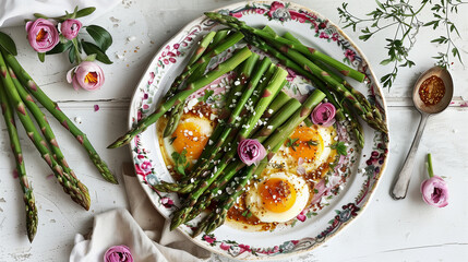 A plate of asparagus and eggs with a spoon on the right side