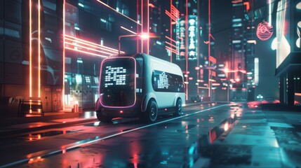 A self-driving bus moves through a neon-illuminated city at night, symbolizing advanced urban transportation and smart city life.