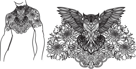 Tattoo art owl and flower hand drawing sketch black and white