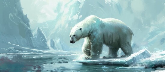 A polar bear walks across a body of water, breaking ice with its massive paws as it moves. The bears thick, white fur contrasts with the icy blue water beneath it.
