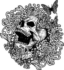 Skull tattoo art with flowers and butterfly drawing sketch black and white