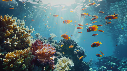 Underwater scene with corals and beautiful tropic - obrazy, fototapety, plakaty