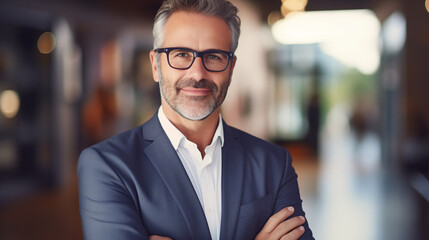 Portrait of a Middle-aged businessman with glasses in Blurred backdrop