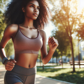 A young black woman is jogging in the park. She has curly hair and is wearing casual workout attire.