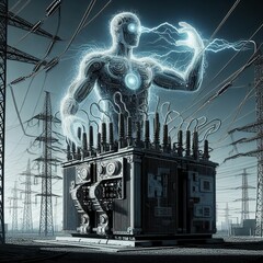 Dieu de l'électricité aux pouvoirs agissant sur le poste de transformation électrique - obrazy, fototapety, plakaty