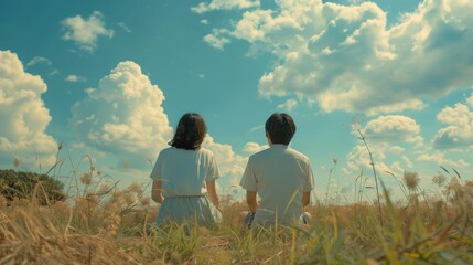 a couple travel in meadows. enjoying the view of nature. outdoors activity. 