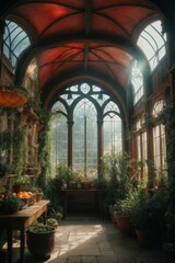 Fototapeta na wymiar Magic medieval Greenhouse with cinematic lighting with a big windows.