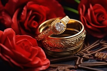 gold ring with beautiful red roses