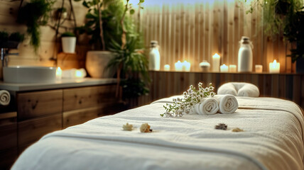 Fototapeta na wymiar Serene spa setting with candles and towels