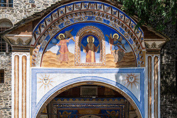 Details of a fresco of entrance of Rila Monastery. Sofia, Bulgaria, Southeast Europe.