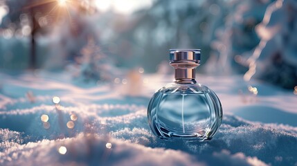 Elegant perfume bottle in snow - obrazy, fototapety, plakaty