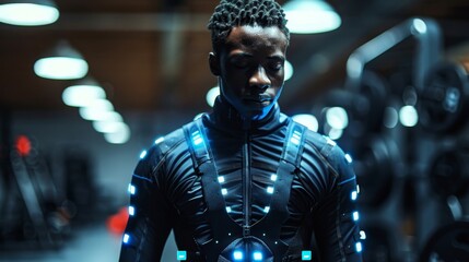 Fototapeta na wymiar Focused male athlete wearing a futuristic training suit with illuminated tracking points in a modern gym setting.