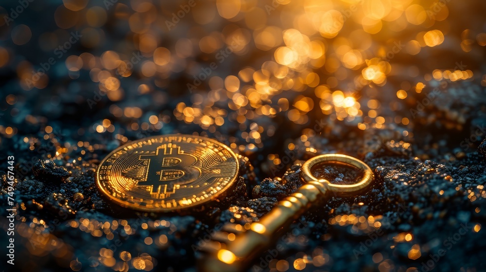 Poster a concept image of a bitcoin coin with an antique key, against a sparkling golden bokeh background, 