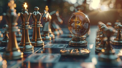 A conceptual stock photo depicting a Bitcoin coin among chess pieces on a chessboard, illustrating strategic financial planning. - obrazy, fototapety, plakaty