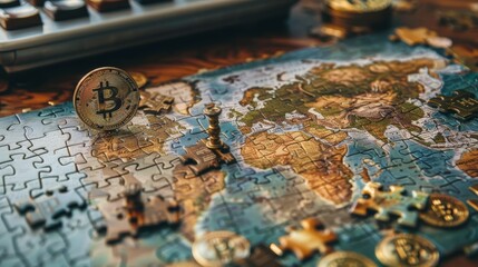 Naklejka premium A Bitcoin coin stands upright on a world map puzzle, depicting the global reach and impact of cryptocurrency trading.