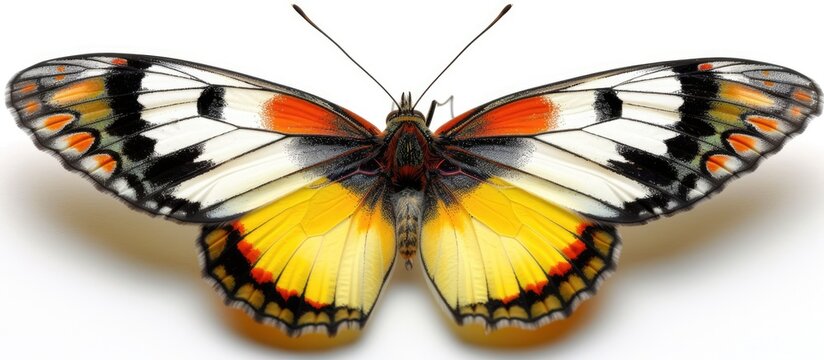 A yellow and black Delias Hyparete butterfly, also known as the Painted Jezebel, is showcased on a white background, displaying its vibrant natural colors. The focus is on the lower wings of the