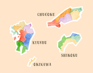 版ズレ風の素朴な日本地図：中国地方・四国・九州・沖縄
