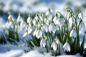 spring snowdrops in snow