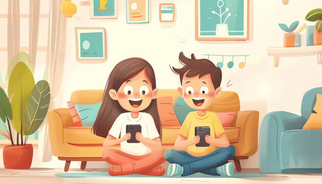 Happy children playing with smartphone in the comfort of home.