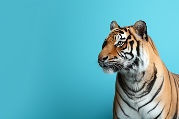 a tiger, cute, scary, isolated on pastel blue background, with copy space for text - obrazy, fototapety, plakaty