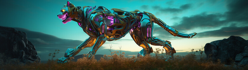 Futuristic neon robot lion 3D rendered in a wild pose set against a backdrop of a digitally enhanced wilderness robot mechine