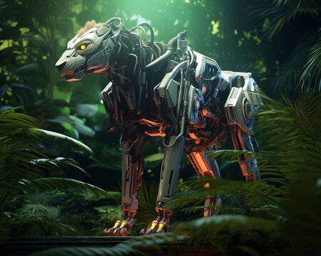 Wildthemed 3D render of a robotic lion with intricate neon detailing set in a lush digital jungle environment robot mechine