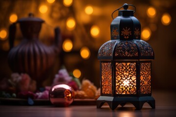 illustration of a lantern placed on a wooden table with a shining golden bokeh background of Muslims in the holy month of Ramadan Kareem