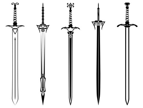 Sword outline SET. Ancient Longsword. Saber. Blade Tattoo. Vector illustration isolated on white background.