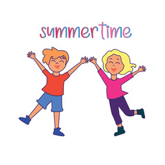 Composition of a children's poster, sticker, summer time, holidays for children, summer vacation, vacation, weekend. The inscription on the sticker is summer time, the child is happy, laughing, jumpin