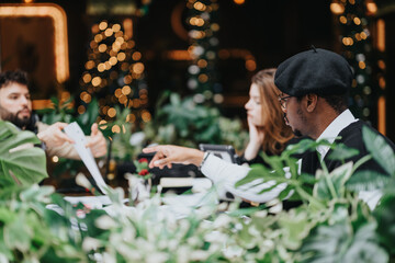 Casual business meeting between three mixed race teammates at a cozy cafe decorated for Christmas season.