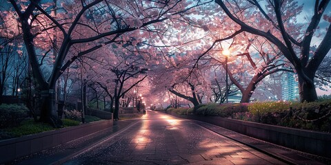 Naklejka na ściany i meble Tokyo sakura cherry blossom with light up. Hanami in Tokyo.