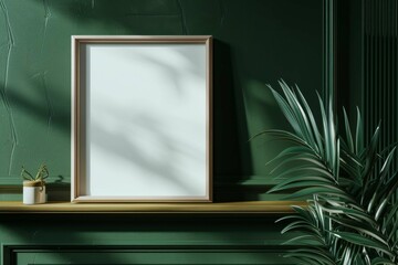 White empty vintage wooden picture frame hangs on a textured interior wall for a touch of architectural decoration wooden frame mockup close Dark green wall. Frame mockup, 3d poster mockup