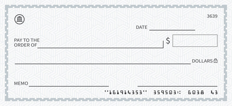 Bank check, vector blank money cheque for dollar currency, checkbook template with seamless pattern and border. Currency payment coupon, Blank money check in grey color vector illustration