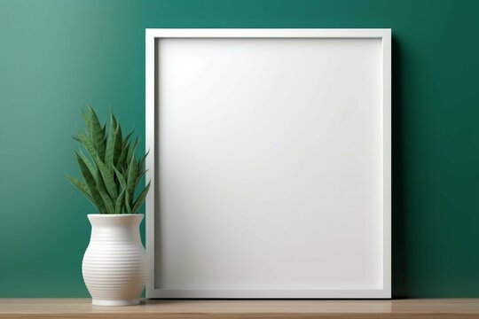 White empty vintage wooden picture frame hangs on a textured interior wall for a touch of architectural decoration wooden frame mockup close Dark green wall. Frame mockup, 3d poster mockup