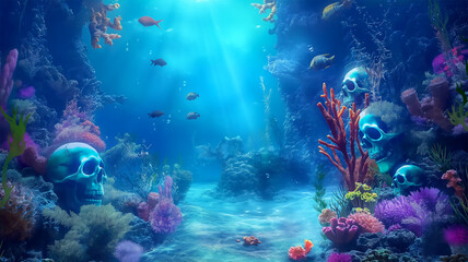 Fototapeta na wymiar Skulls on the underwater with the colorful, Illustration