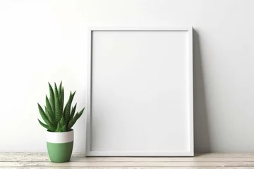 Foto op Aluminium White empty vintage wooden picture frame hangs on a textured interior wall for a touch of architectural decoration with green plants close white wall. Frame mockup, 3d poster mockup  © Sittipol 