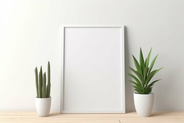 White empty vintage wooden picture frame hangs on a textured interior wall for a touch of architectural decoration with green plants close white wall. Frame mockup, 3d poster mockup 