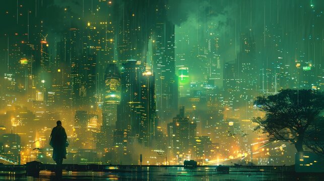 A solitary figure stands against a backdrop of a dystopian city bathed in neon lights, reflecting a future of complexity and mystery.