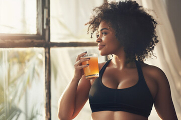 Black full-figured woman with glass of juice. Mindful drinking concept.