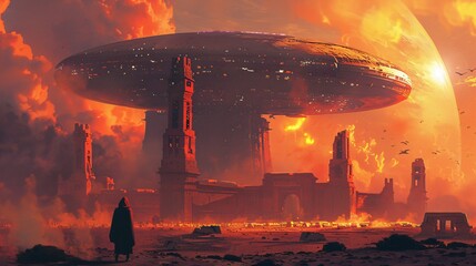 A colossal spaceship hovers above a devastated landscape ablaze, with a lone figure observing the destruction.