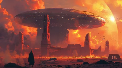Afwasbaar Fotobehang Bordeaux A colossal spaceship hovers above a devastated landscape ablaze, with a lone figure observing the destruction.
