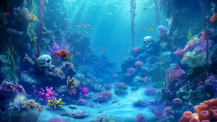 Skulls on the underwater with the colorful, Illustration