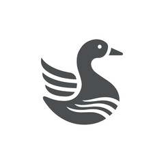 Black and White Illustration of a Stylized Duck in Flight