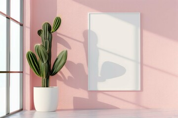 White empty vintage wooden picture frame hangs on a textured interior wall for a touch of architectural decoration with green plants close pink wall. Frame mockup, 3d poster mockup 