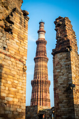views of wutub minar minaret in delhi, india