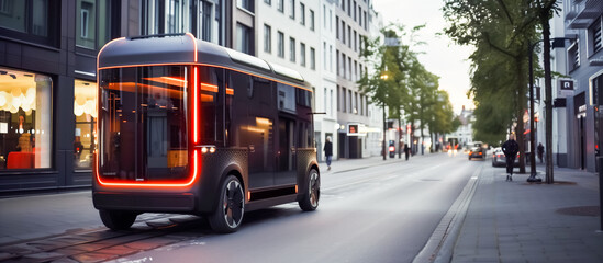 Autonomous electric shuttle bus glides through city streets at dusk, its illuminated outlines highlighting modern urban transportation. A pedestrian walks nearby.
