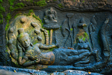Ancient stone carving at Kbal Spean the mystery waterfall on Kulen mountains in Siem Reap province of Cambodia. - 749470624