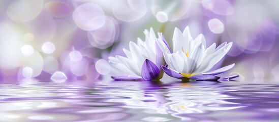 White water lilies with purple petals floating on serene waters, illuminated by soft light creating a magical atmosphere, perfect for themes of nature, peace, and tranquility backgrounds.