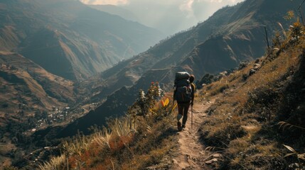 Fototapeta na wymiar A dedicated hiker with a backpack treks along a narrow mountain path, surrounded by impressive landscape views under a clear sky.